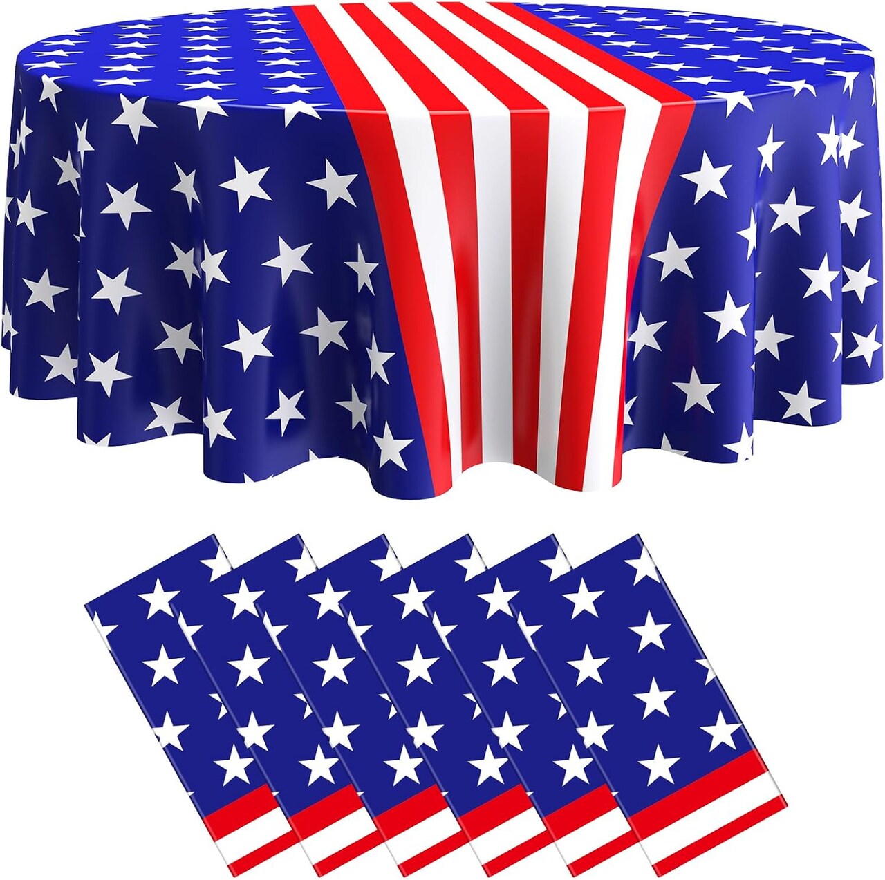 4th of July Table Cloths – 6 Pack Veteran’s Day & Patriotic American Flag Disposable Plastic Table Covers, 84 Inch Round, Star Design